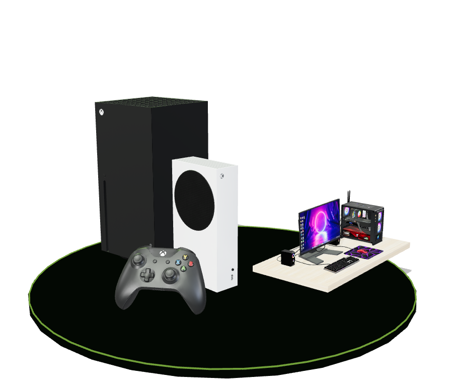 Xbox Series X, Xbox Series S, gaming PC, and a single black Xbox wireless controller